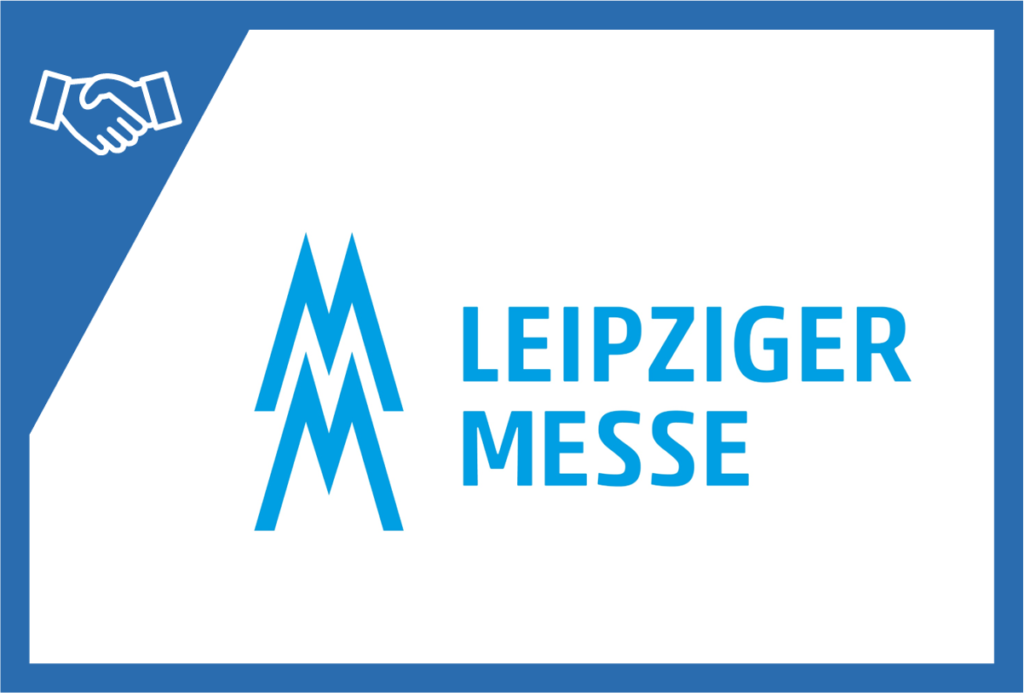 Logo der Leipziger Messe mit blauem Rahmen