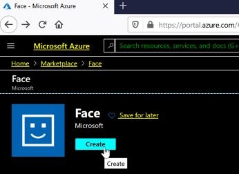 Screenshot aus Microsoft Azure, in dem ein quadratisches Smiley-Gesicht "Face" zu sehen ist. Daneben hovert die Maus über dem Button "Create"