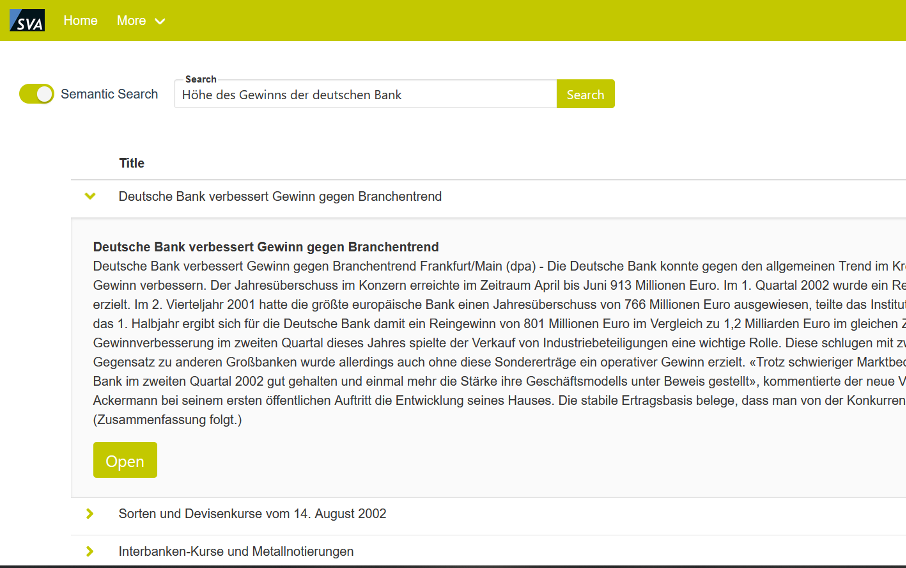 Aktivierte semantischer Suche - Ergebnis für "Höhe des Gewinns der deutschen Bank" aufgeklappt
