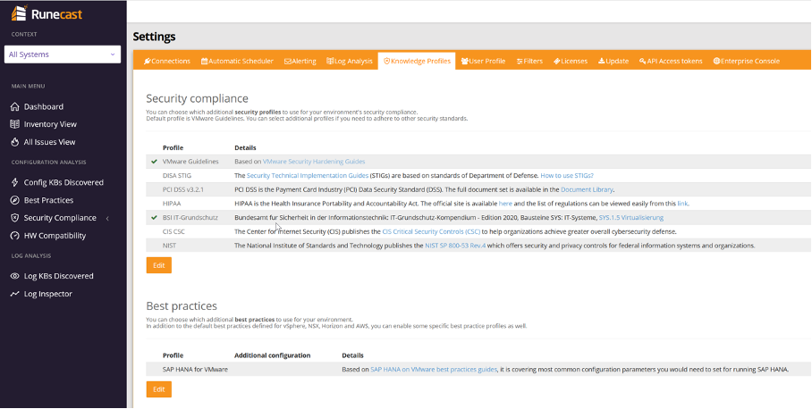 Screenshot Runecast Analyzer: Einstellungen, um as IT-Grundschutz-Modul zu aktivieren.