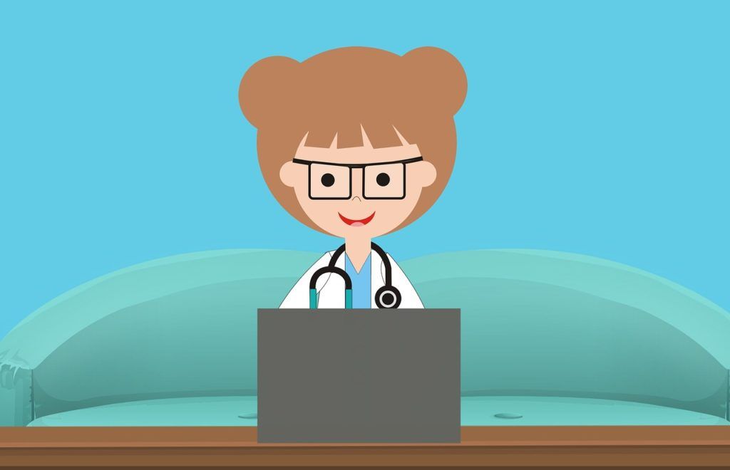 Gezeichnete Ärztin vor blauen Hintergrund, die an einem Laptop arbeitet