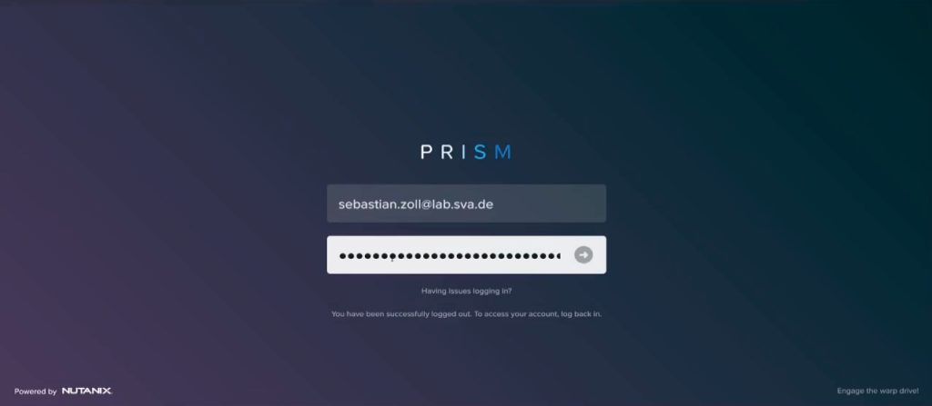 Startbildschirm von Nutanix Prism mit Anmeldemaske