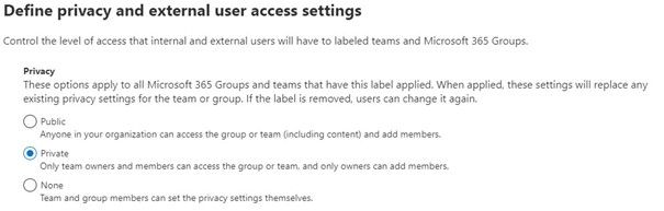 Privacy Settings für M365 Groups in Sensitivity Labels