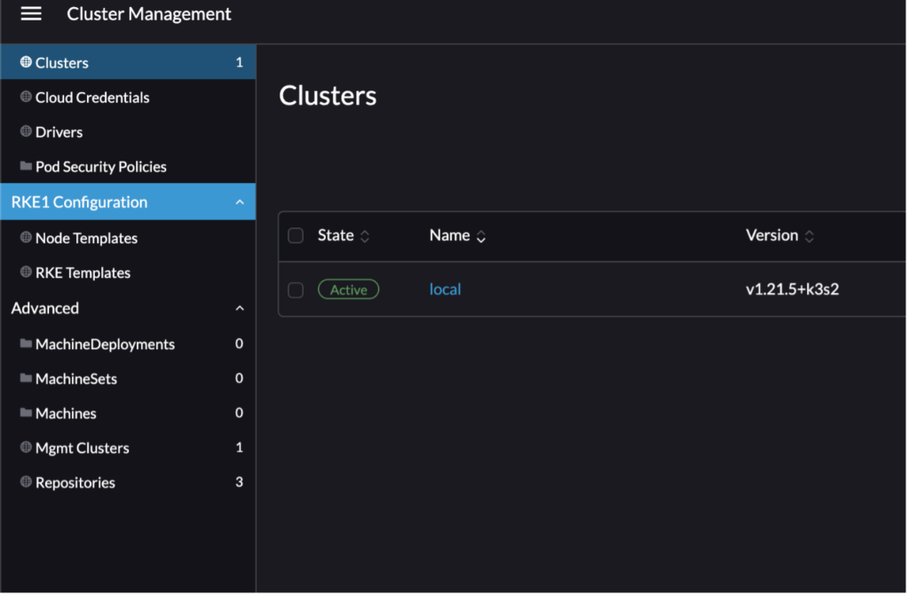 Screenshot der Rancher-Nutzeroberfläche. Cluster Management - Hervorgehobene Menüpunkte "Clusters" und "RKE1 Configuration"