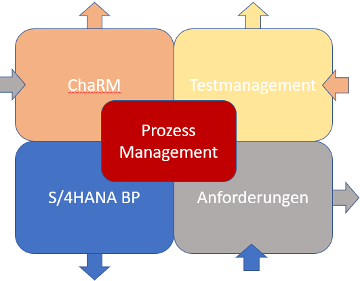 Darstellung des Prozessmanagements in SAP mit 4 Rechtecken für ChaRM, Testmanagement, S/4HANA BP und Anforderungen. Prozessmanagement steht zentral in der Mitte