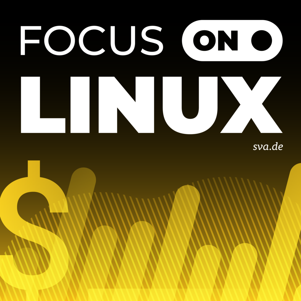 Darstellung des Focus on Linux-Banners mit gelben Balken, Dollar-Zeichen und Focus on Linux-Schriftzug