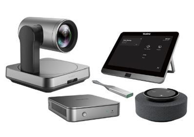 Beispielbilder einer Kamera, Tischmikrofon und weiterer Ausstattung für hybride Meetings