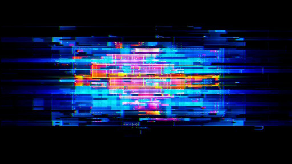 Verzerrte Darstellung eines virtuellen Bildschirms in blau, orange und rosa