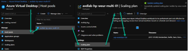 Screenshot eines Azure Virtual Desktops, in dem mit Pfeilen angezeigt wird, welche Einstellungen für Host Pools durchzuführen sind