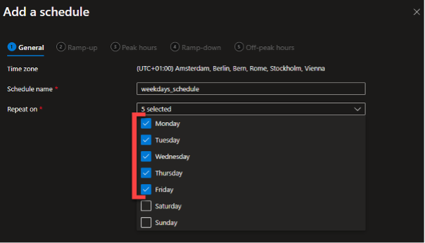 Screenshot, in dem dargestellt wird, wie in einem Azure VDI ein Zeitplan von Montag bis Freitag erstellt wird
