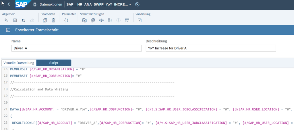 Screenshot aus der SAP Analytics Cloud, der den Code zu erweiterten Planungsfunktionen in SAC-Scriptsprache zeigt.