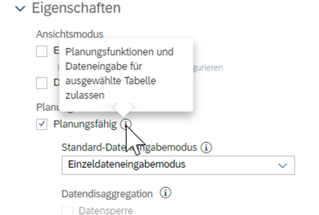 Screenshot aus den SAP Analytics Cloud-Einstellungen. Bei den Eigenschaften wurde "planungsfähig" ausgewählt, sodass weitere Einstellungen möglich werden.