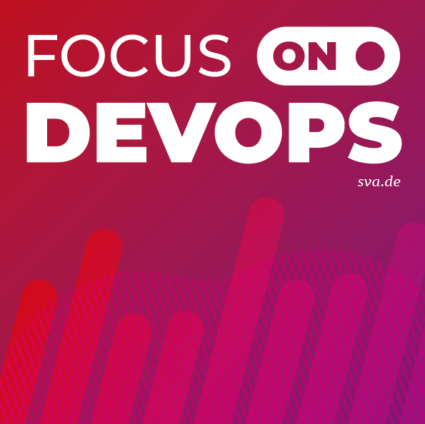 Focus on DevOps Podcast Hintergrundbild mit roten Balken auf rot/lila Hintergrund. Der Slogan Focus on DevOps ist darüber auf rotem Hintergrund zu sehen.