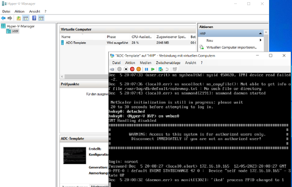 Screenshot aus dem Hyper-V Manager. Man sieht dessen Oberfläche, den ausgewählten virtuellen Computer und Code-Zeitlen des ADC-Templates auf HYP in einem gesonderten Fenster.