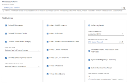 Screenshot aus dem SVA Cloud.Inventory. Es zeigt eine Unterseite, auf der mehrere Auswahl-Optionen in drei Spalten angezeigt werden. Diese sind mit blauem Haken abgehakt.