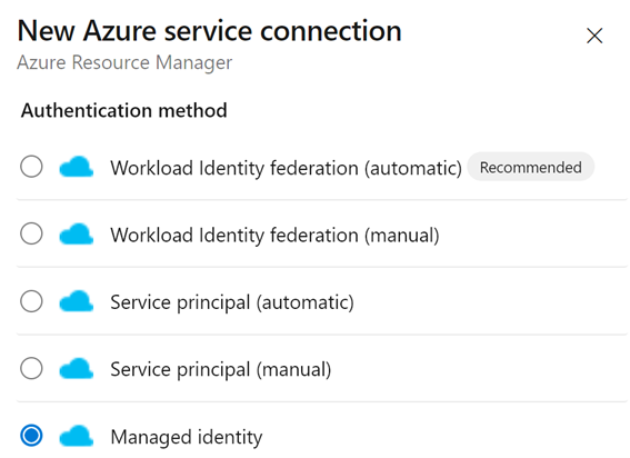 Screenshot aus dem Azure Resource Manager, das eine Liste an 5 Auswahlmethoden zur Authentifizierung zeigt.