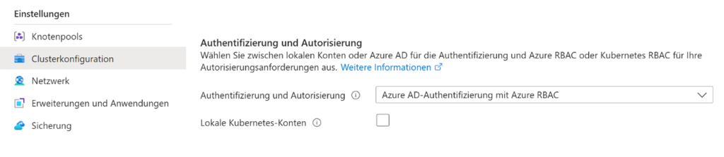 Screenshot aus dem Azure Resource Portal. Links sieht man einen Teil des Einstellungsmenüs, bei dem "Clusterkonfiguration" ausgewählt wurde. Rechts sieht man neben einem Beschreibungstext ein Drop-Down-Menü zur Authentifizierung und ein Auswahlfeld für lokale Kubernetes-Konten.