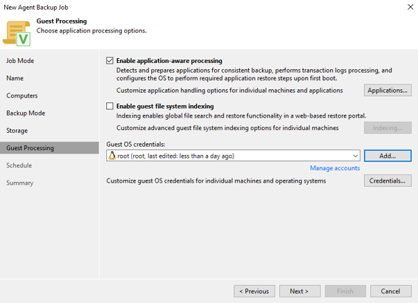 Screenshot eines Menüs. Der Reiter "Guest Processing" auf der linken Seite ist ausgewählt und dunkelgrau unterlegt. Auf der rechten Seite wurde die Checkbox "Enable application-aware processing" ausgewählt.