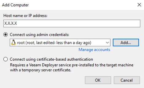 Screenshot einer Einstellung, um einen Computer hinzuzufügen. Der erste Punkt "Connect using admin credentials" wurde ausgewählt und darunter "root" im Drop-Downmenü ausgewählt.