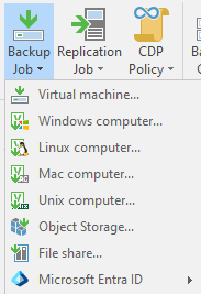 Screenshot des Veeam-Menüs. Der Menüpunkt "Backup Job" ist ausgewählt und blau unterlegt.