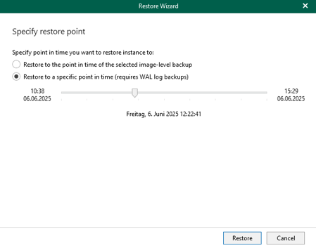 Screenshot des Restore Wizards. Dargestellt ist die Einstellung "specify restore point". Ausgewählt wurde die zweite Option "Restore a specific point in time (requires WAL log backups)".