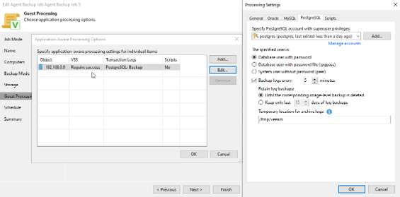 Screenshot eines Menüs. Der Reiter "Guest Processing" auf der linken Seite ist ausgewählt und dunkelgrau unterlegt. Zusätzlich sind die "Processing Settings" zu sehen, in denen "Database user with password", "backup logs every 5 minutes" und "until the corresponding image-level backup is deleted" ausgewählt wurden.